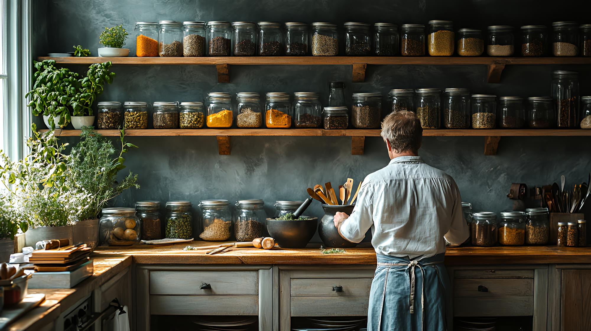 studio chef arranging jars on shelf